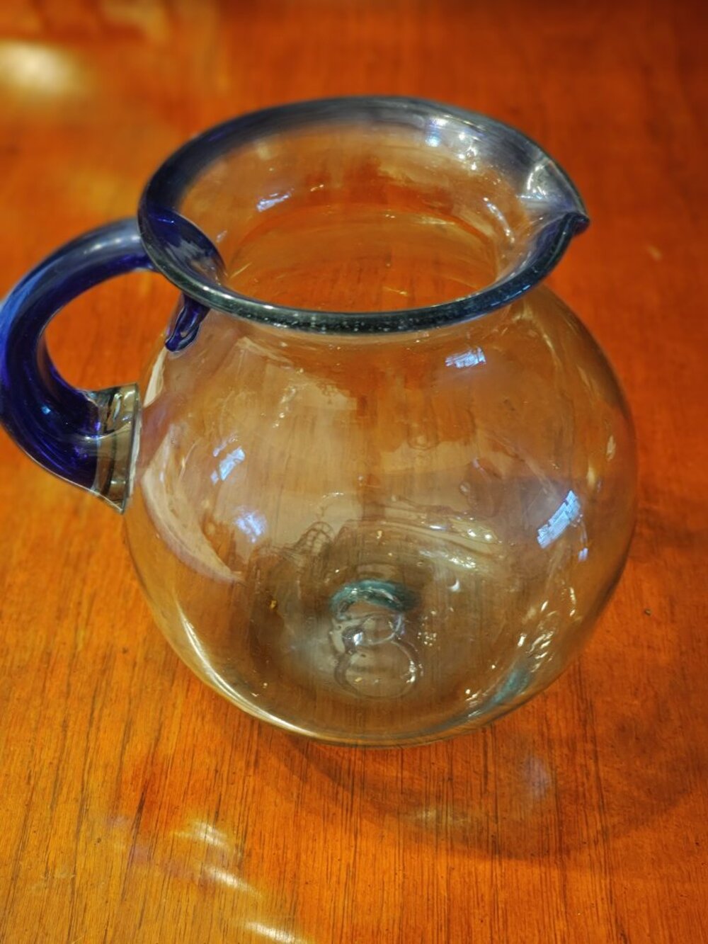 Hand Blown – Blue Trim THICK Glass Pitcher – 8” Tall – Pier 1 Style Mexican